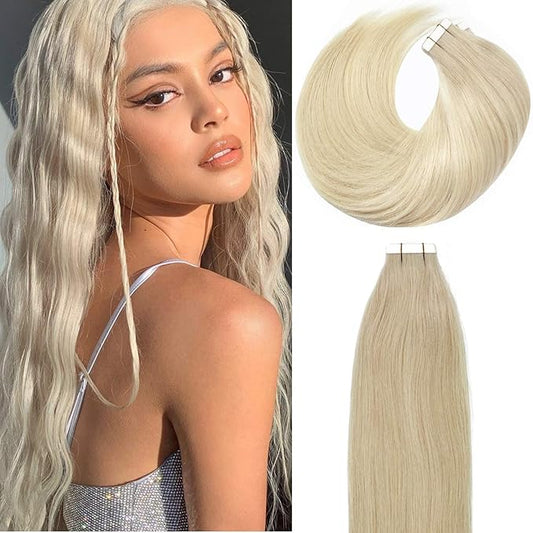 Lacer Blonde Tape in Hair Extensions Human Hair Natural Light Platinum Blonde Seamless Tape in Extensions Double Sided PU Skin Weft 50g 20pcs/set 22 Inch