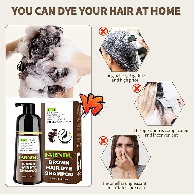 Brown Hair Dye Shampoo, 3 in 1 Instant Hair Color with 15 Min Gray Coverage, Natural Semi-Permanent Herbal Shampoo for Men & Women