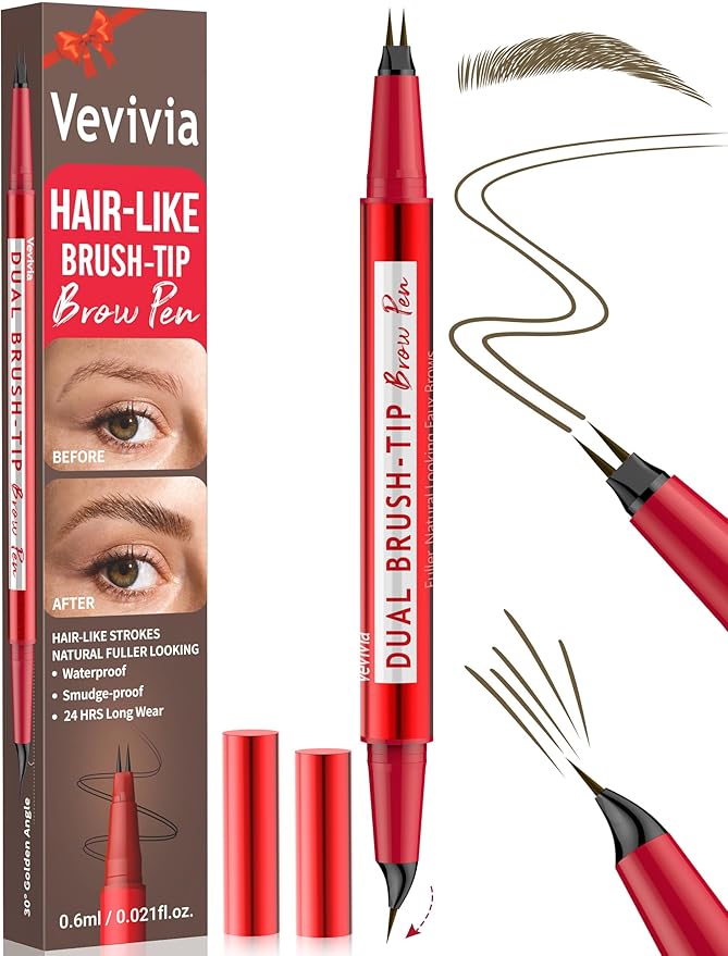 Vevivia Eyebrow Pencils for Women - Eyebrow Pen with Dual-Brush-Tip & Curved Tip for Natural Fuller-Looking Brows, Precise Hair-Like Strokes for All Brow Types, Last All-Day Brow Makeup, Brown