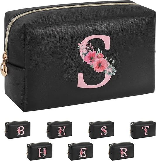 Personalized Initial Makeup Bag, Birthday Gifts for Women and Girls, Small Makeup Pouch Travel Toiletry Bag, Make Up Organizer Bag Gift Trendy Stuff for Friend Mom Teacher, Black