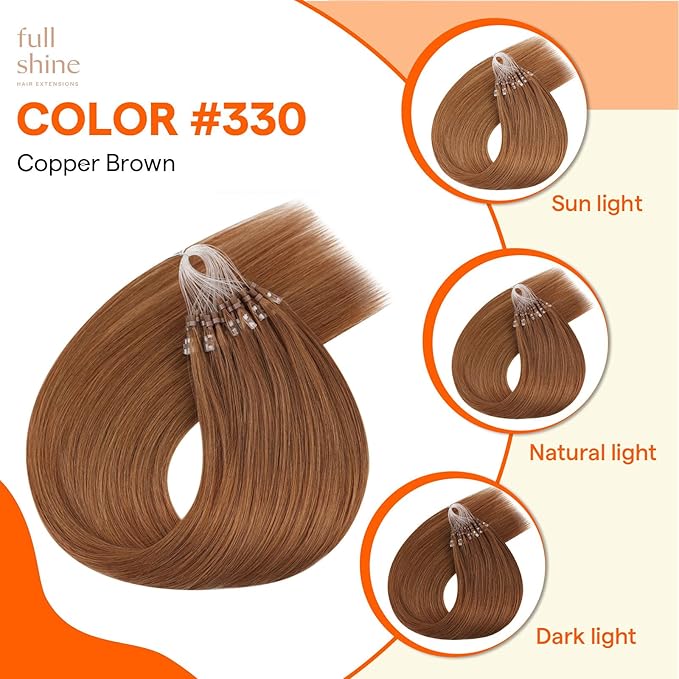 Full Shine Micro Loop Hair Extensions Real Human Hair 330 Copper Brown 22 Inch Beaded Extensions Natural Long Remy Hair add Length 50 Grams Micro Link Human Hair Extensions for Women