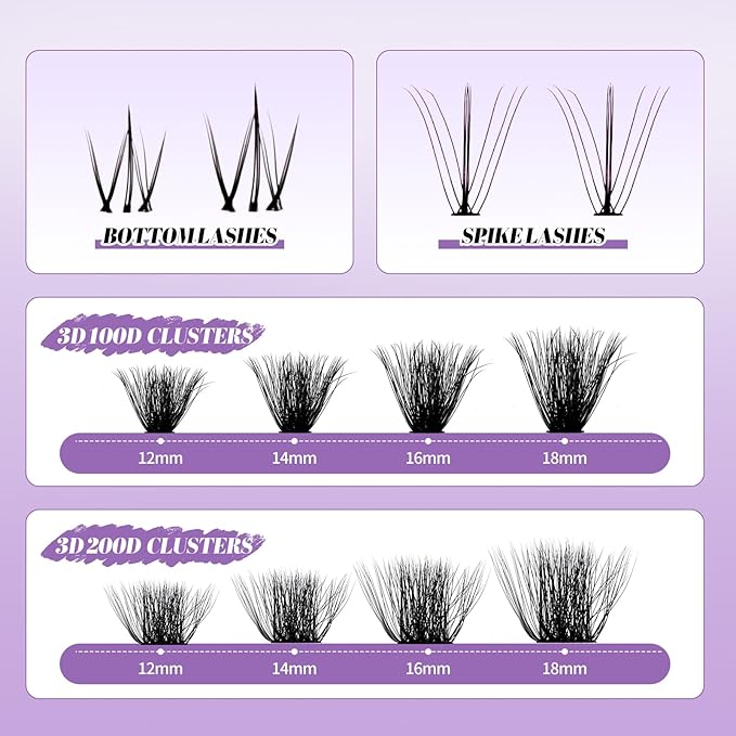 Lash Clusters Kit With Bottom Lashes 60/80/100/200D 3D Effect DIY Lash Extension Kit 12-18mm Multi-types Individual Lashes Bond and Seal, Spike, Volume Lashes Kit Lash Applicator(100/200 3DKit)