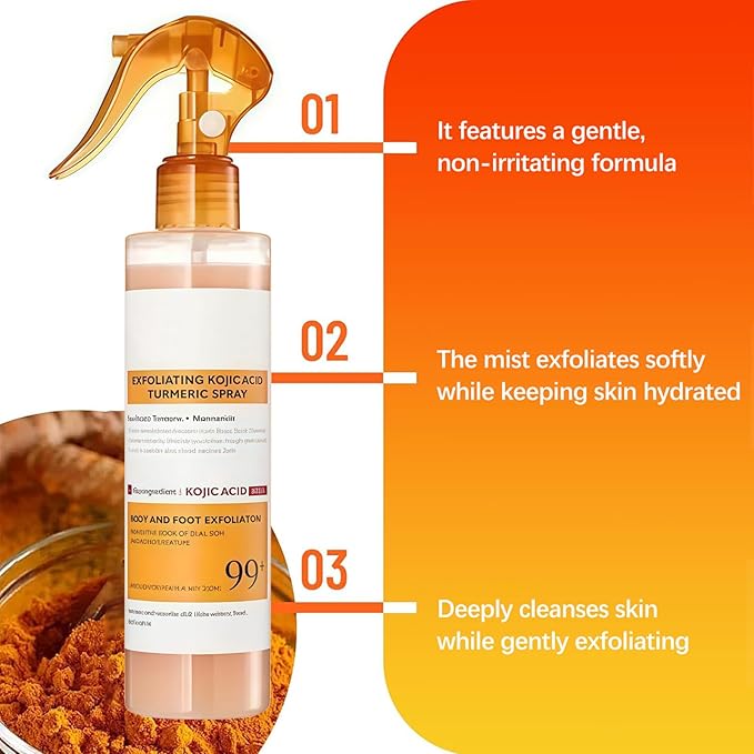 Body Keratin Care Kojic Acid Turmeric Spray 200ml, Exfoliating Peeling Solution, Peel Shot Turmeric Spray, Gentle Body Care for Smooth, Exfoliate and Shine