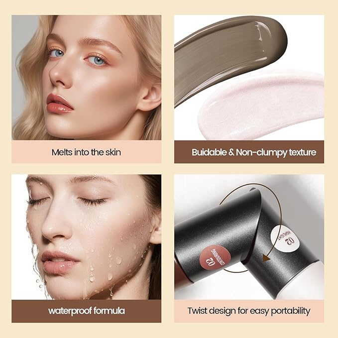 Noerrors 2-in-1 Shimmer Highlighter & Cool Toned liquid Contour Makeup Stick for Face Shaping, Long Wear Waterproof Blendable Lightweight Grey Cream Bronzer & Highlight for Pale Fair Light Olive Skin