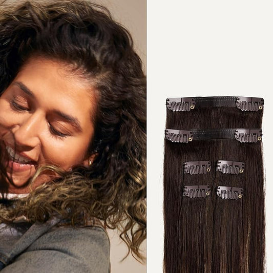 Luxy 100% Remy Human Hair Extensions for Thin Hair Thinning Hair Fill-Ins – 6 Seamless Wefts Multi-Dimensional Color Blend - Natural-Looking Volume & Coverage 80 grams 16" Dark Brown Balayage