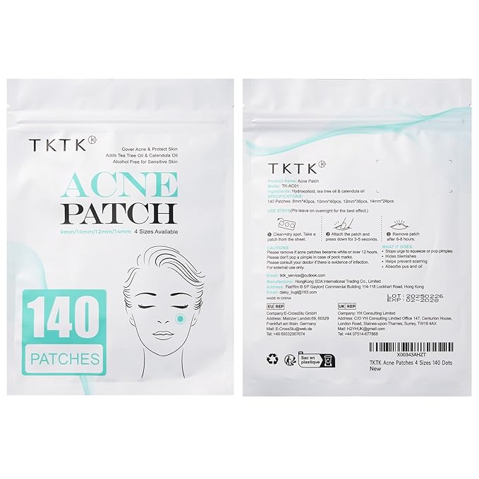 TKTK Pimple Patch Acne Patch, 4 Sizes 140 Patches Acne Absorbing Cover Patch, Hydrocolloid Invisible Acne Patches for Face Zit Patch Acne Dots Tea Tree, Calendula Oil