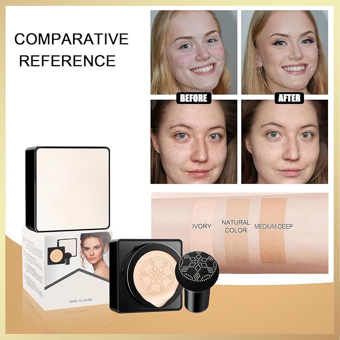 Air Cushion CC Cream Mushroom Head - Moisturizing & Oil Control Screw Lid Concealer Makeup Base, Primer Liquid Foundation Long Lasting with Mushroom Makeup Sponges for All Skin Types (Medium Deep)