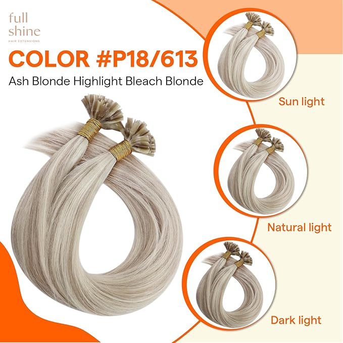 Full Shine Ktip Human Hair Extensions Ash Blonde Highlight Blonde K Tip Hair Extensions Real Human Hair 16 Inch Fusion Extensions Natural Remy Hair for Women 50 Grams