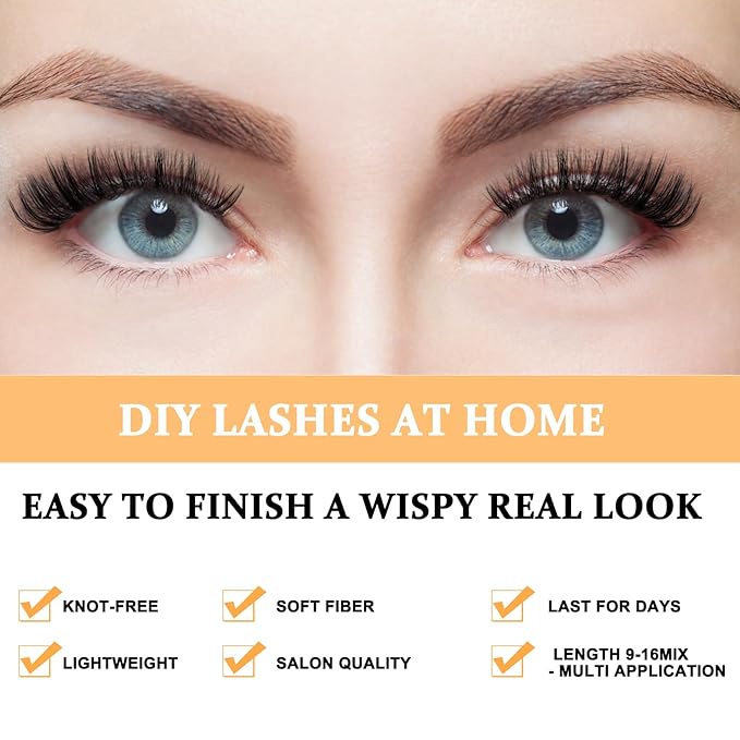 B&Q Lash Clusters 280PCS Natural Eyelash Clusters, 40D 50D C 9-16MIX Individual Lash Wispy Eyelash Extension with Soft Thin Band, Classic Look Pestañas Postizas Comfortable DIY at Home