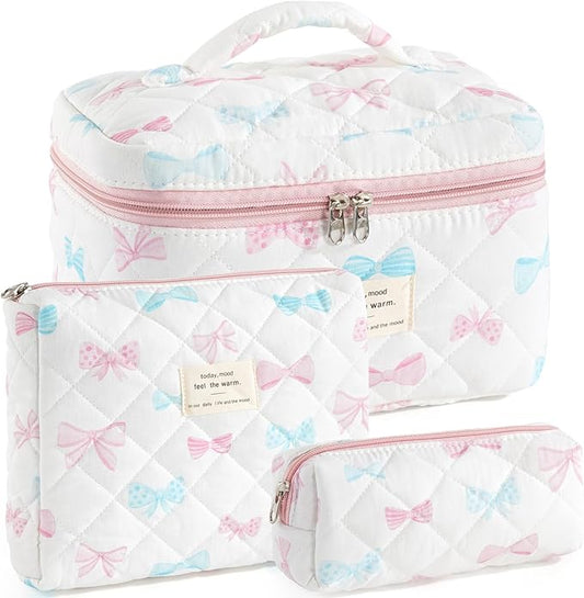 Makeup Bag for Women 3PCS Quilted Cotton Make Up Bag Travel Cosmetic Bag Large Makeup Bag Set Cute Bow Makeups Organizer Floral Toiletry Pouch for Purse, Bow F