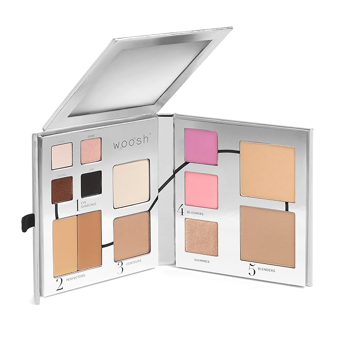 Woosh Beauty, Jetsetter Bundle in #2.5 Medium Tan, Fold out Face Original, Essential Brush Set, Travel Case in Hot Pink