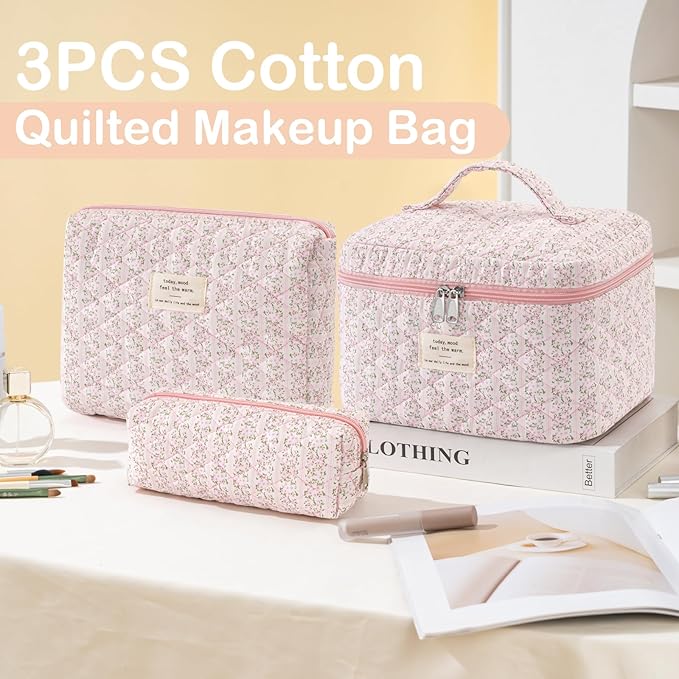 Makeup Bag for Women 3PCS Quilted Cotton Make Up Bag Travel Cosmetic Bag Large Makeup Bag Set Cute Makeups Organizer Floral Toiletry Pouch for Purse, Pink Stripe