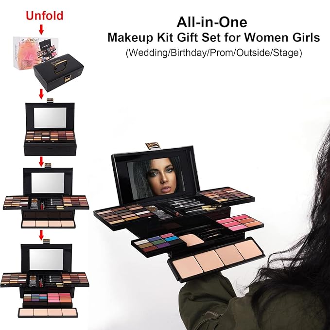 MISS ROSE M 58 Color Professional Makeup Kit for Women Full Kit, Include Eyeshadow Facial Blusher Eyebrow Powder Face Concealer Powder Eyeliner Pencil and a Mirror(331N)