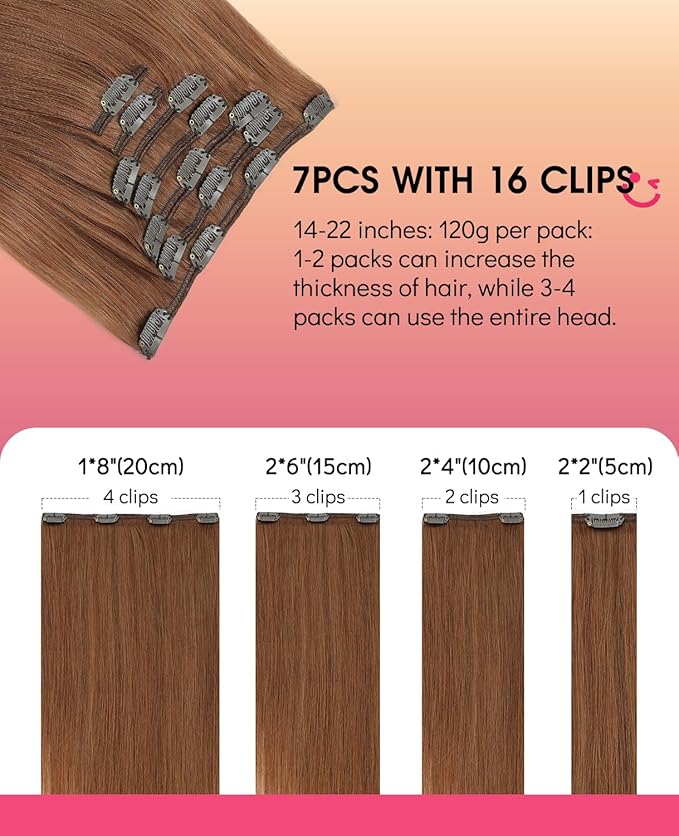 Youngsmile Human Hair Clip in Extensions, Clip in Extensions Human Hair Rallonge Cheveux Humain, Soft Silk, 20 Inch 120 Gram 7 Pcs, Color 33 Auburn (CLIP#33-20Inch)