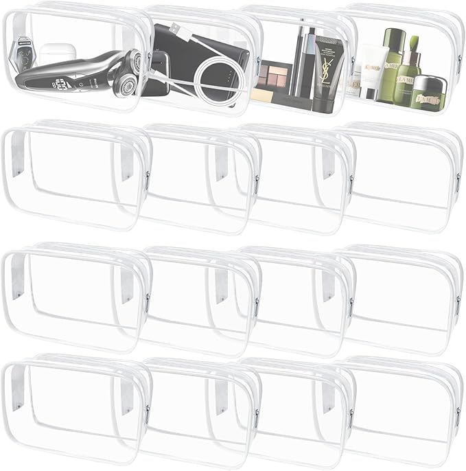 16 Pieces Clear Makeup Bags Bulk, TSA Approved Toiletry Bag for Travel, PVC Waterproof Cosmetic Pouches Clear Pouch with Zipper for Men and Women Carry-on Travel Essentials Cosmetic Bags (White-M)