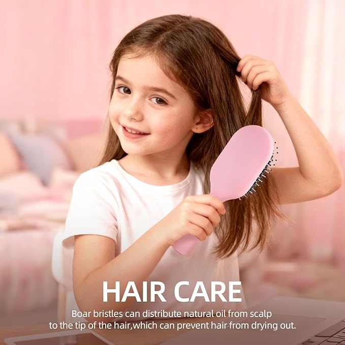 Boar Bristles Hair Brush for Women Men and Kids, Detangling Hair Brush for Smoothing Massage Add Shine, Nylon&Boar Bristles brush for Hair Healthy, Easy to Storage(Pink)