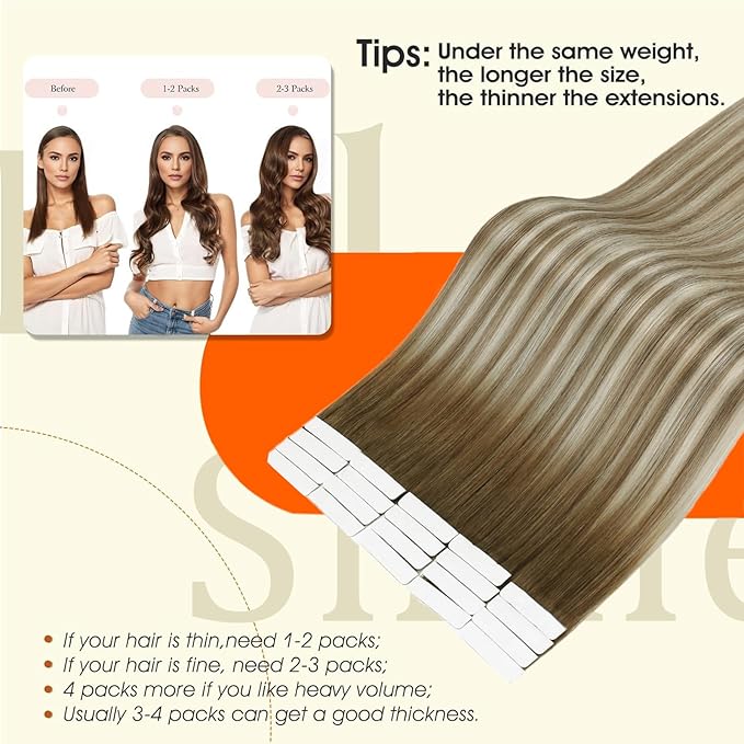 Full Shine Human Hair Tape in Extensions Color 3 Dark Brown Ombre 8 Ash Brown And 22 Blonde 24Inch Long Lasting Adhesive Tape in Hair Extensions 50G 20Pcs Seamless Skin Weft Brazilian Natural