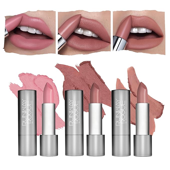 Runway Rogue 90s Vibe Lipstick Trio, Moisturizing Matte Lipstick Set, (‘Patricia’, ‘Front Row’, ‘Booked Out’)
