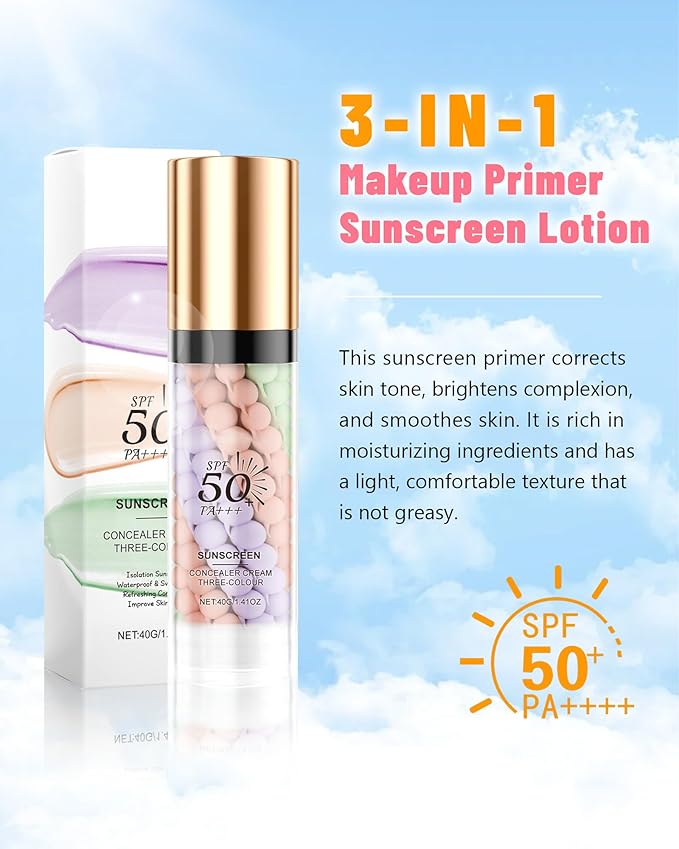 3 In 1 Primer for Face Before Makeup, SPF 50+++Sunscreen Isolation Cream One Step Concealer Color Corrector Primer Base,Moisturizing&Oil Control Skin Tone Correcting Foundation for Women Radiance Skin