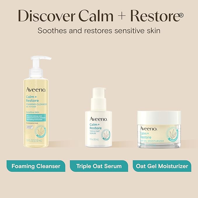 Aveeno Calm + Restore Triple Oat Hydrating Face Serum for Sensitive Skin, Gentle Lightweight Facial Serum Instantly Smooths Skin, Non-Comedogenic, Hypoallergenic & Fragrance-Free, 1 fl. oz