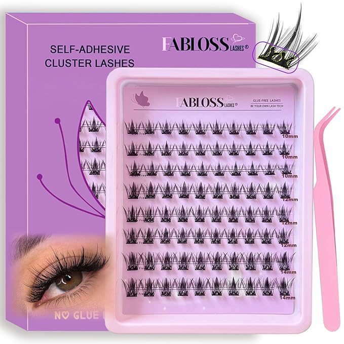Wispy Self Adhesive Eyelashes 10 12 14mm Self Adhesive Lash Clusters Press On Lashes No Glue Needed Pre-Glued Glueless Lashes No Remover No Residue with Tweezers(Wispies-Natural)