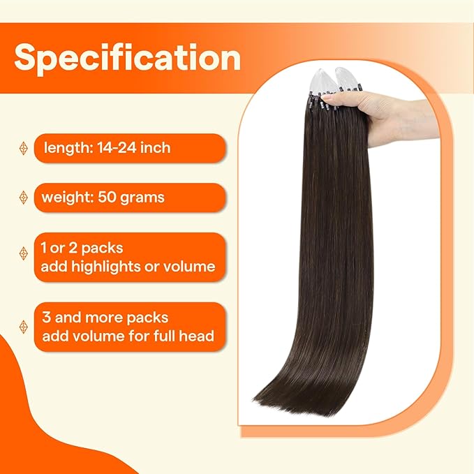 Full Shine Micro Link Hair Extensions Human Hair Dark Brown 14 Inch 50 Grams Micro Bead Hair Extensions Real Human Hair Cold Fusion Extensions Soft Remy Hair for Women