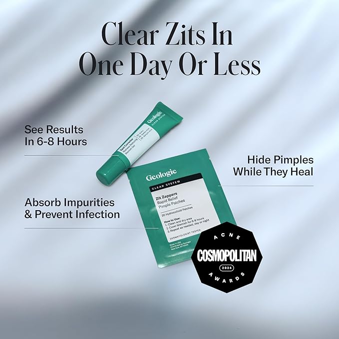Geologie Clear System Anti-Pimple Pack, 20 Hydrocolloid Patches, Spot Treatment Gel with 5% Sulfur, Fast-Acting Acne Care