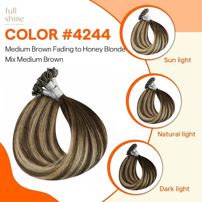 Full Shine Utip Human Hair Extensions Medium Brown to Honey Blonde Highlighted Brown Keratin Tip Extensions Remy Hair 20 Inch U Tip Hair Extensions Human Hair 50 Grams