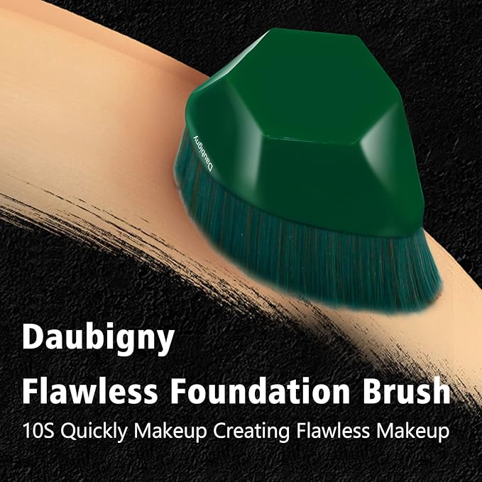 Foundation Makeup Brush Flat Top Kabuki Brush Hexagon Face Blush Liquid Powder Foundation Brush for Blending Liquid, Cream or Flawless Powder Cosmetics with Bonus Protective Case (Green)
