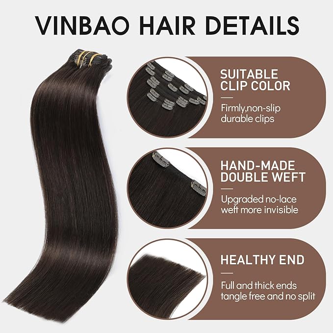 VINBAO Hair Extension Clip in Human Hair Darkest Brown for Women Brazilian Hair Dark Brown Clip in Hair Extensions 14in 7Pcs 140g (#HC2,14'')