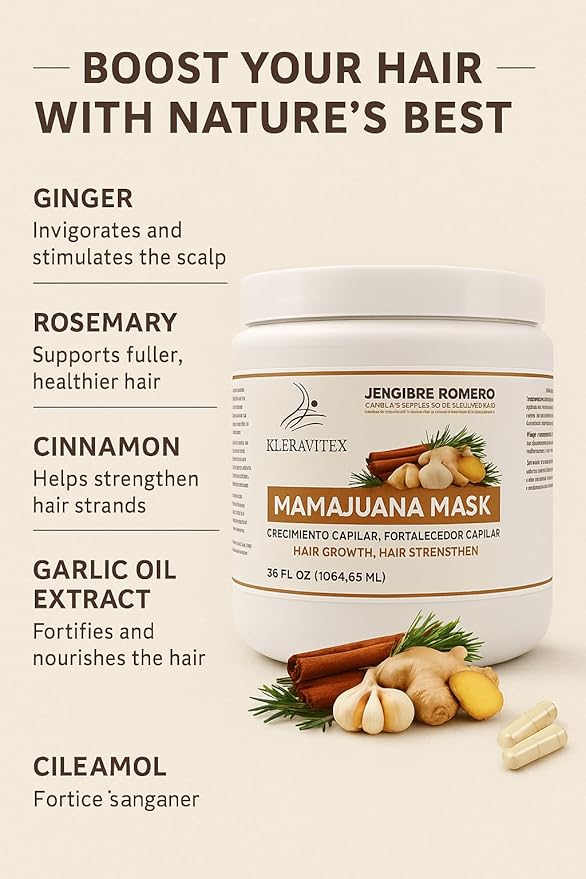 Mamajuana Hair Mask - Deep Treatment with Ginger, Rosemary, Cinnamon & Garlic Oil Extract - Hair Mask for Dry Damaged Hair and Growth, Paraben & Sulfate Free Hair Treatment (36 OZ)