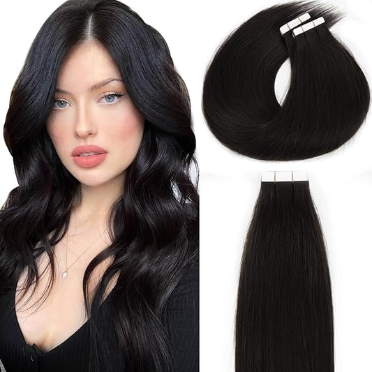 Lacerhair 14 Inch Remy Tape in Human Hair Extensions - Reddish Black PU Skin Weft Tape in Hair Extensions 100% Real Human Hair, Natural Black Double Side Weft 50g 20pcs/set