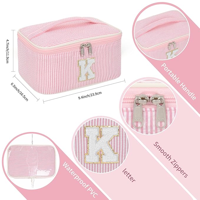 OCHEAL Makeup Bag for Women, Monogram Cosmetic Bag with Brush Holder, Pink Travel Makeup Case Beauty Toiletry Bag Organizer Personalized Gifts for Girls Bridesmaid, Sister, Wife, Friends Initial K