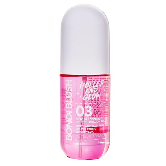 HOLLER AND GLOW Bondi Blush Pink Dragonfruit Body & Hair Mist, Body Spray For Women, Hair Perfume For Women, Jasmine, Amber Scented, Floral & Tropical Fragrance Notes, 8.11 Fl Oz