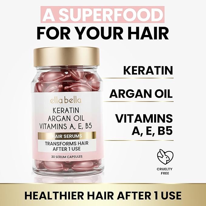 ELLA BELLA® Keratin Hair Serum with Argan Oil & Vitamins A, E, B5 – Anti-Frizz Hair Treatment & Night Repair – Hair Vitamins for Women for Smooth, Shiny, Frizz-Free Hair