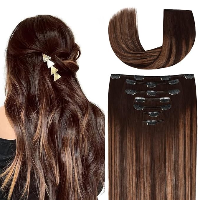 16 Inch Clip-in Hair Extensions Remy Human Hair for Women - Soft Handmade Real Human Hair Clip in Extensions, Straight, Thick, 125g 7pcs #2T(6P2) Color