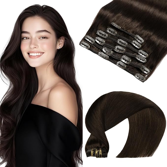 VINBAO Hair Extensions Clip in Human Hair Color 2 Darkest Brown Remy Hair Double Weft 14 Inch 100g 6pcs Clip in Hair Extensions Straight Thick Human Hair Extensions for Women(#2, 14'')