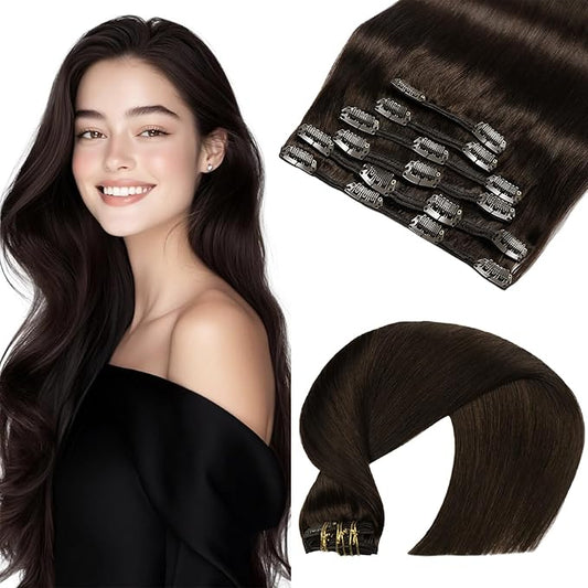 VINBAO Hair Extensions Clip in Human Hair Color 2 Darkest Brown Remy Hair Double Weft 14 Inch 100g 6pcs Clip in Hair Extensions Straight Thick Human Hair Extensions for Women(#2, 14'')