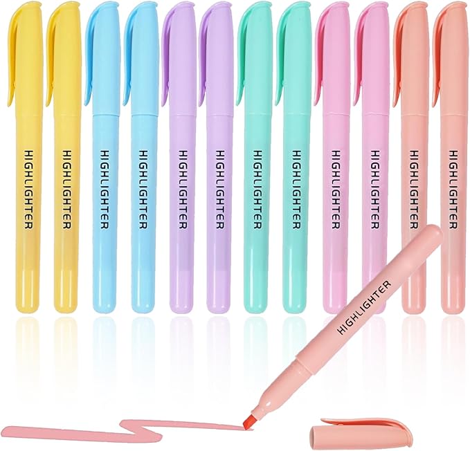 Highlighters Assorted Colors, Chisel Tip, 12 Pack Bible Highlighters No Bleed, Quick Dry, Pastel Highlighter for School Teacher Students, Classroom Must Have, Back to School Supplies