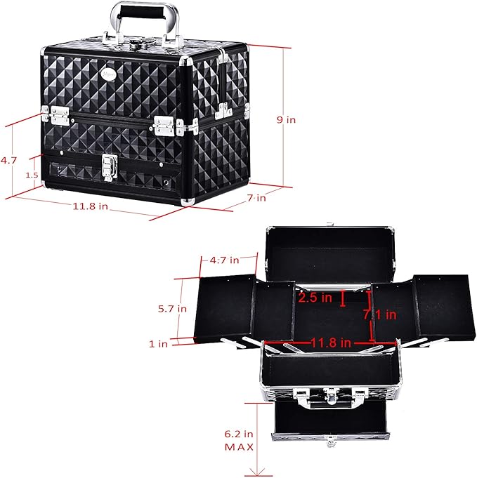 Joligrace Makeup Train Cases Professional Travel Makeup Cosmetic Cases Organizer Portable Box with Drawer Black