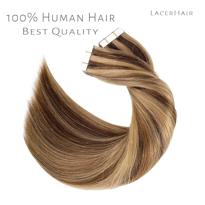 Lacer Remy Human Hair Extensions Tape in Highlight Dark Brown to Golden Brown Tape in Human Hair Extensions PU Skin Weft 100% Real Virgin Invisible Hair Double Side 50g 20pcs/set 18 Inch