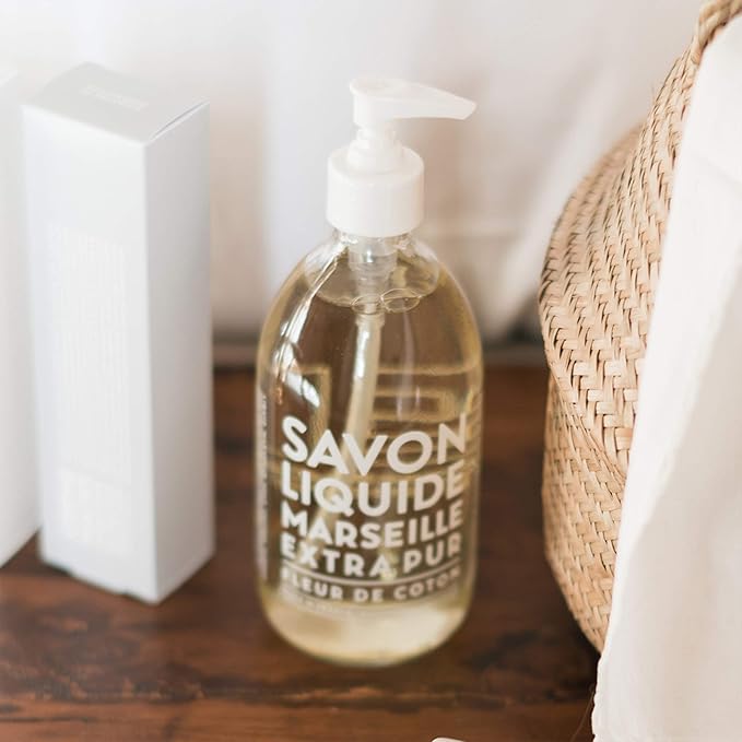 Compagnie de Provence Savon de Marseille Extra Pure Liquid Soap - Cotton Flower -16.7 Fl Oz Glass Pump Bottle and 33.8 fl oz Plastic Bottle Refill