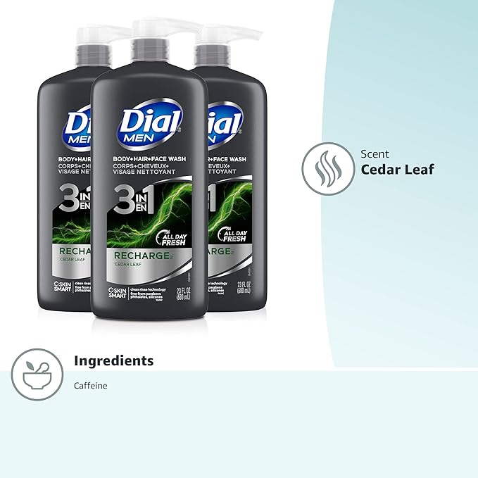 Dial Men 3in1 Body, Hair and Face Wash, Recharge, 69 fl oz (3-23 fl oz Bottles)