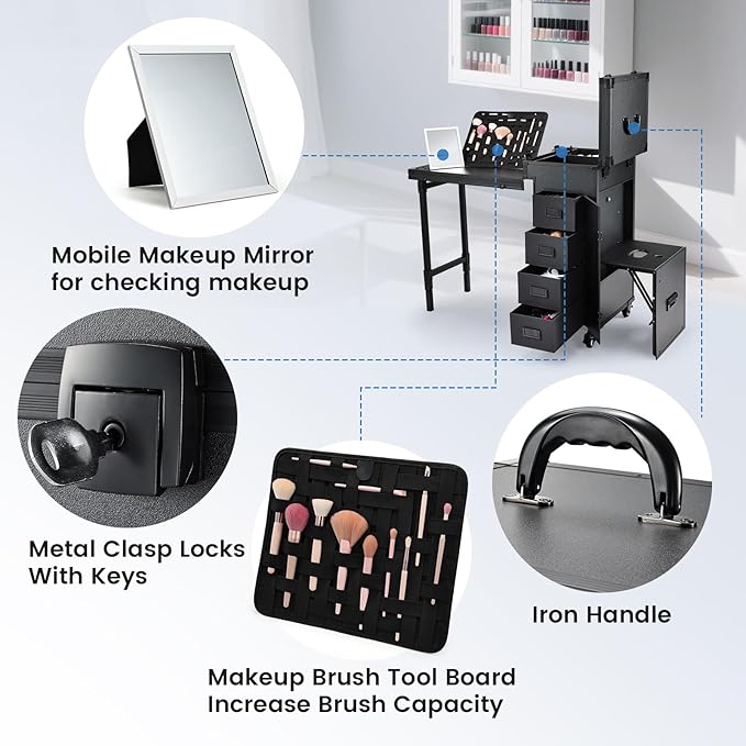 Joligrace Rolling Manicure Table with Pedicure Chair 4 Drawers Rolling Makeup Case Foldable Nail Desk Cosmetology Case on Wheels Brush Pouch Mirror Nail Kits Technician Workstation Artist Trolley