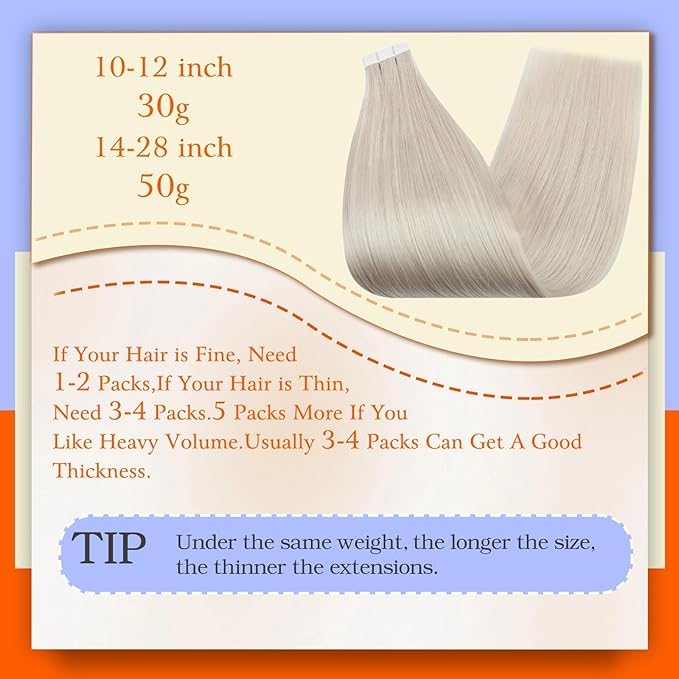 Full Shine Tape In Hair Extensions Color 1000 Ice Blonde Remy Real Human Hair Extensions Tape in Double Sided Tapes Silky Straight Extension Seamless Skin Weft 20 Inch 50 Grams 20Pcs