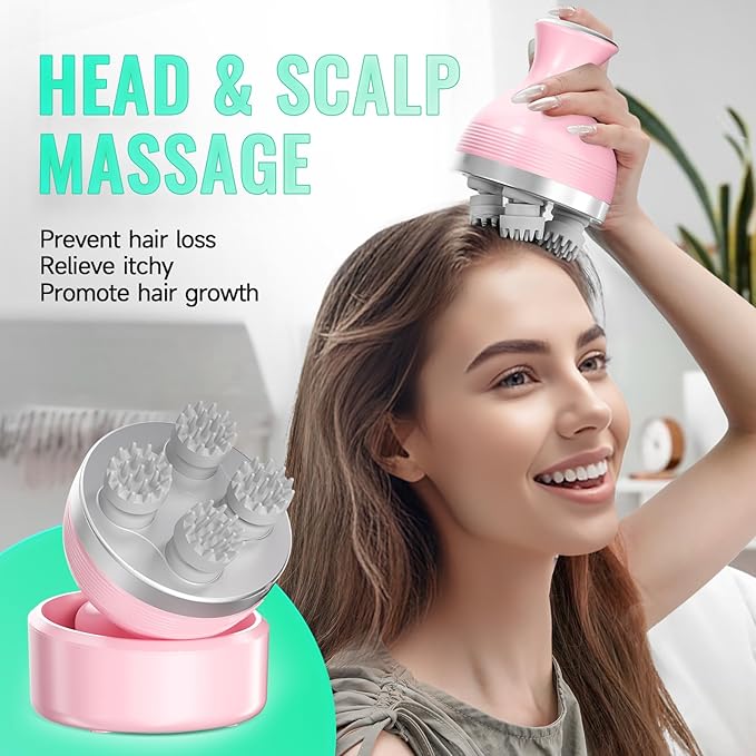 Queenwill Electric Cordless Scalp Massager Head Scalp Stress Relax, Handheld Portable Head Scratcher Massage for Hair Growth, Claws Cat Massager with Kneading 84 Massage Nodes, Ideal Gift (Pink)