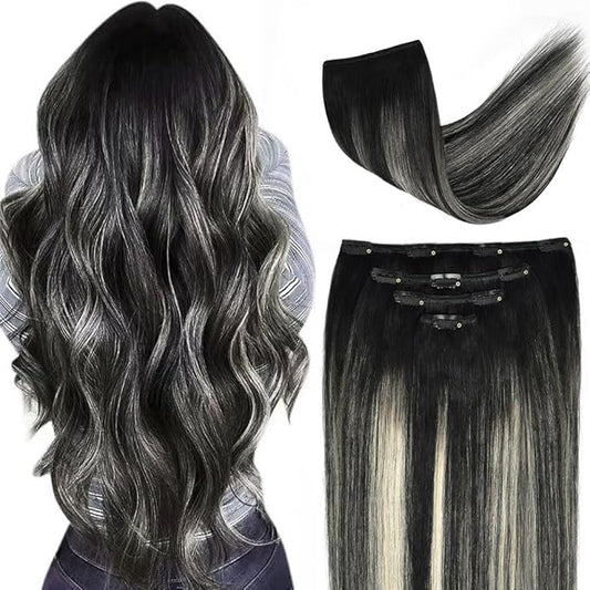 12" Clip in Hair Extensions Remy Human Hair Black Balayage Silver for Women - Silky Straight 100% Real Human Hair 50grams 4pieces #1BT(SilverP1B) Color