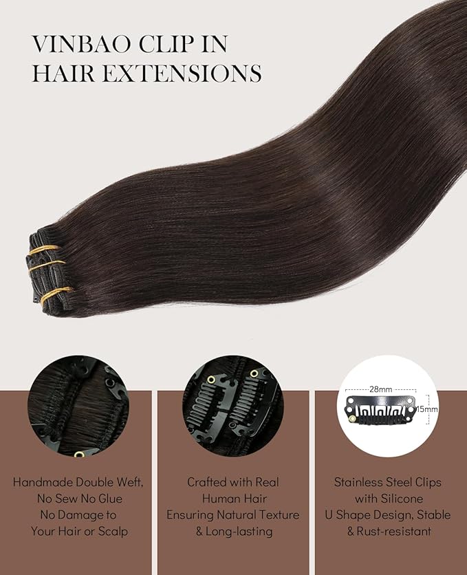 VINBAO Hair Extensions Clip in Human Hair Color 2 Darkest Brown Remy Hair Double Weft 14 Inch 100g 6pcs Clip in Hair Extensions Straight Thick Human Hair Extensions for Women(#2, 14'')