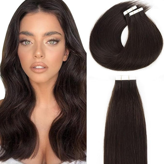 Lacerhair 20 inch Human Hair Extensions Tape in Hair Natural Black Balayage PU Skin Weft 100% Real Virgin Human Hair Color #2 Darkest Brown Double Side 50g 20pcs/set
