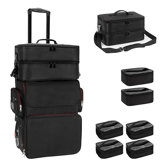 Large Makeup Train Case with Makeup Travel Bag and 4 Clear Makeup Bags for Hairstylist, Hairdresser Bag with Detachable Pouch,Heat Insulation Anti-scalding for Hairdressing Organizer Big wheels